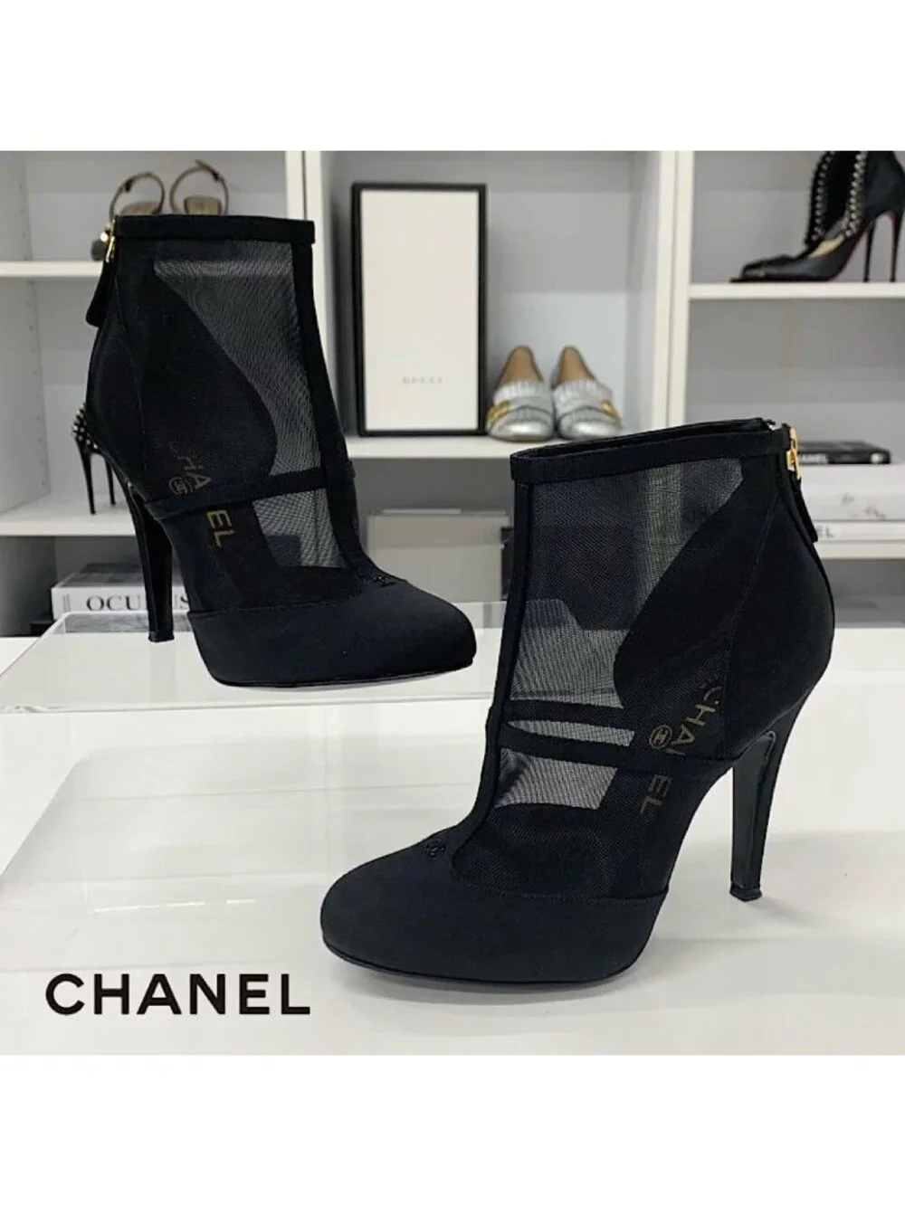 Chanel Mesh Fabric Coco Mark Short Boots Black